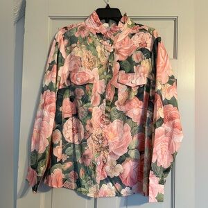 XL Pink and Green Floral ruffle collar Button-Up Shirt with front pockets
